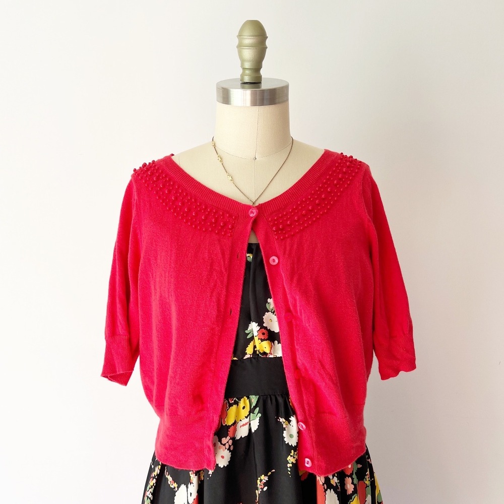 Merona Cardigan Red Beaded Neckline Cropped Button Front Sweater Retro y2k M